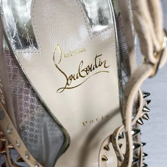 Louboutin Alarc Nude Leather Spiked Heels - Picture 9 of 9
